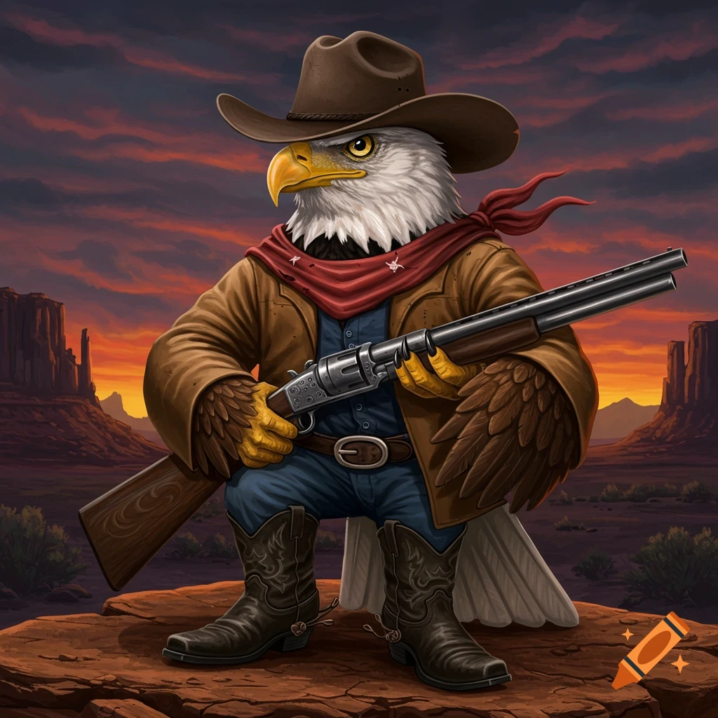 An anthropomorphic eagle dressed as a cowboy, holding a shotgun in a western landscape.