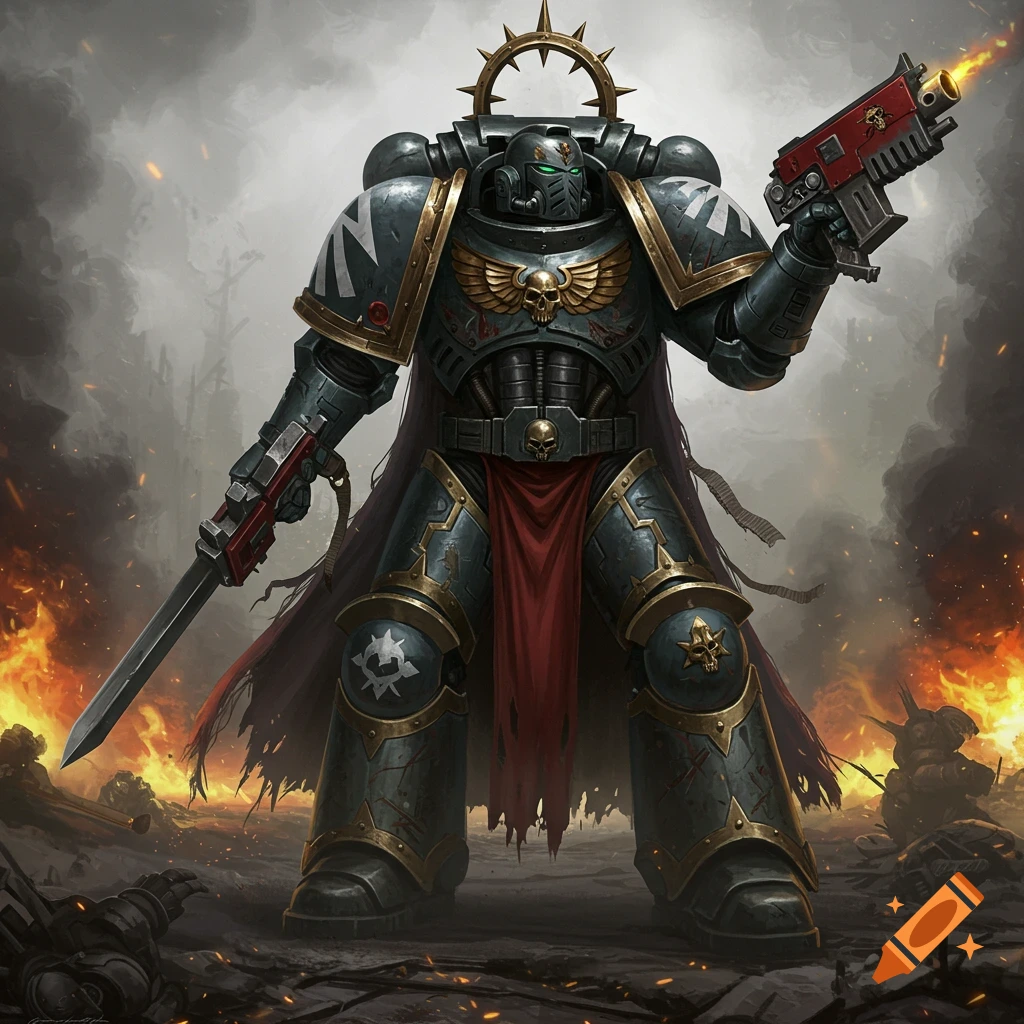 A Space Marine in dark armor stands on a battlefield with weapons.
