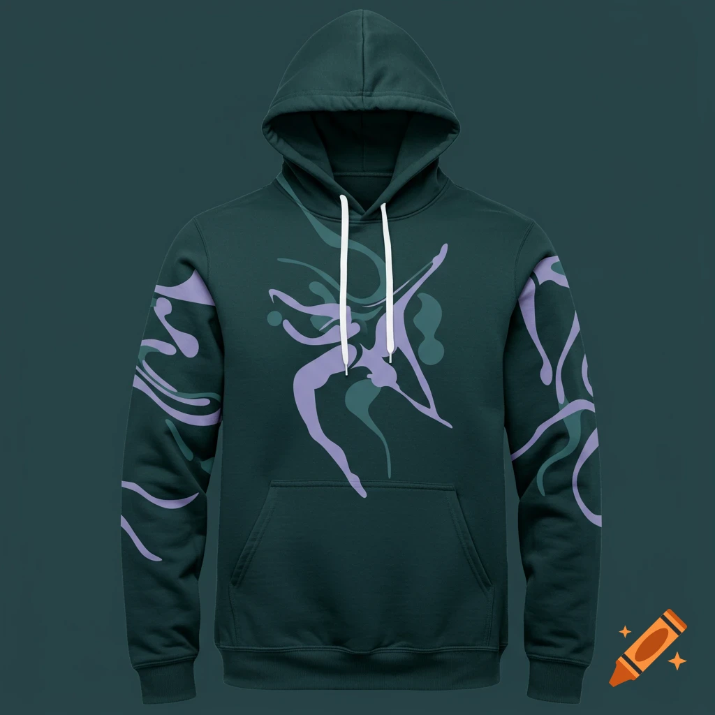 Dark green hoodie with an abstract purple and teal graphic design on the chest and sleeves.