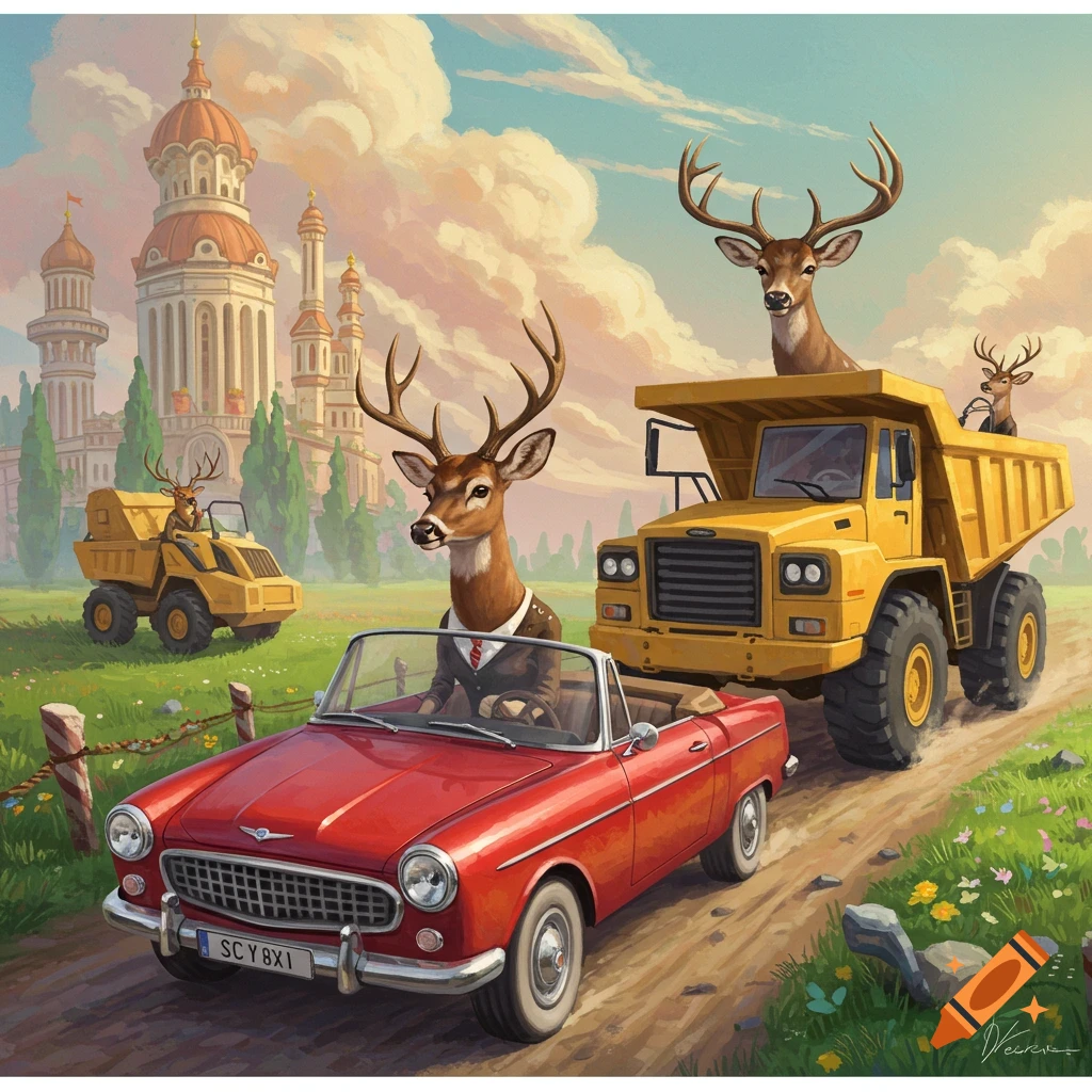 Anthropomorphic deer driving a red convertible and a yellow dump truck in a landscape with buildings.