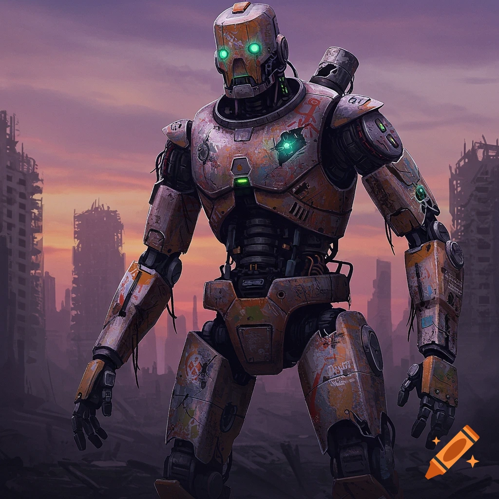 A damaged, rusty robot stands in the ruins of a city at sunset.