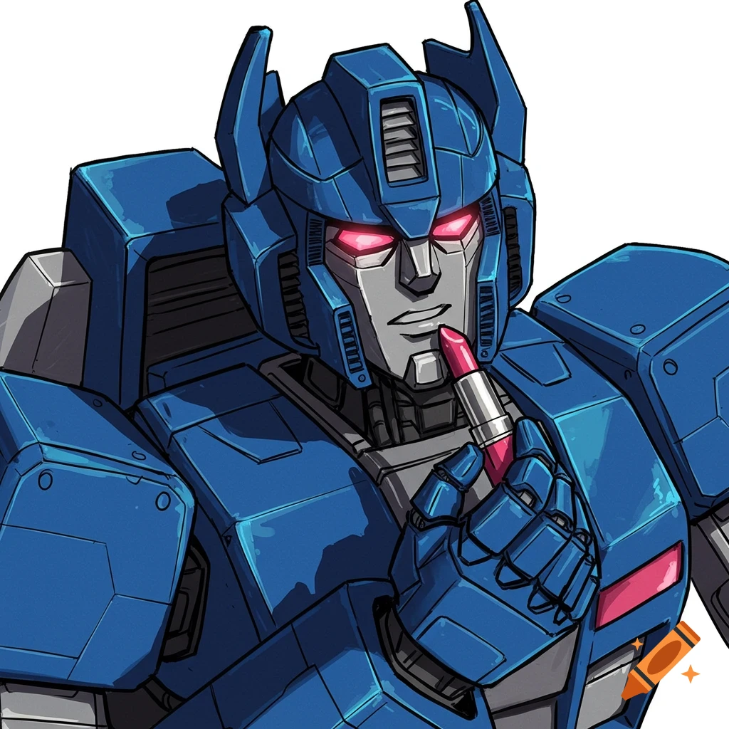A picture of the blue robot Astrotrain G1 applying pink lipstick.
