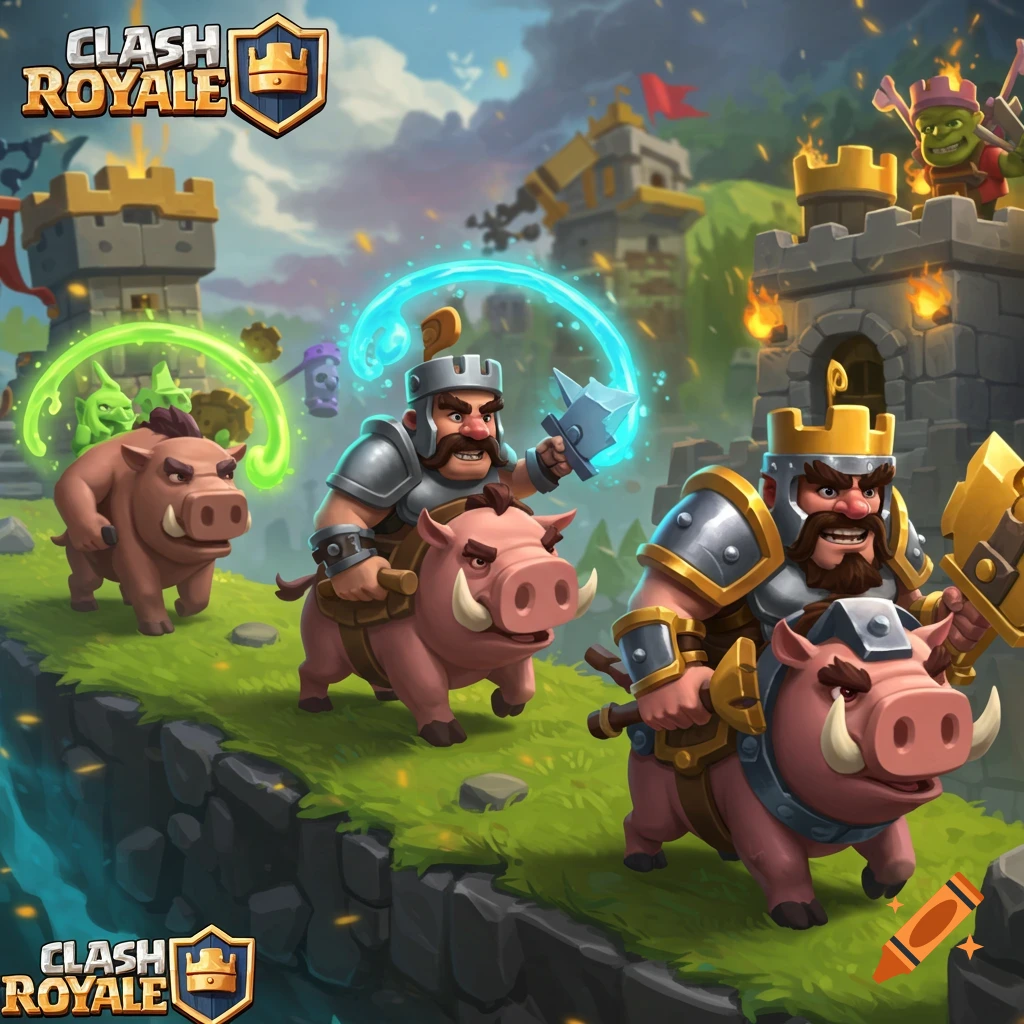 Characters riding pigs along a path with castles in the background