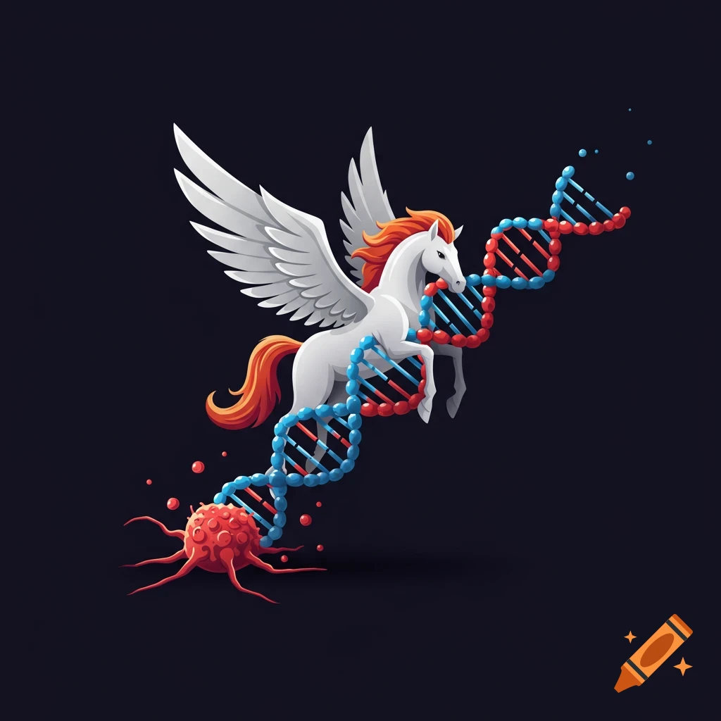 Illustration of a white pegasus flying with a DNA helix wrapped around it, above an abstract cancer cell on a dark background.