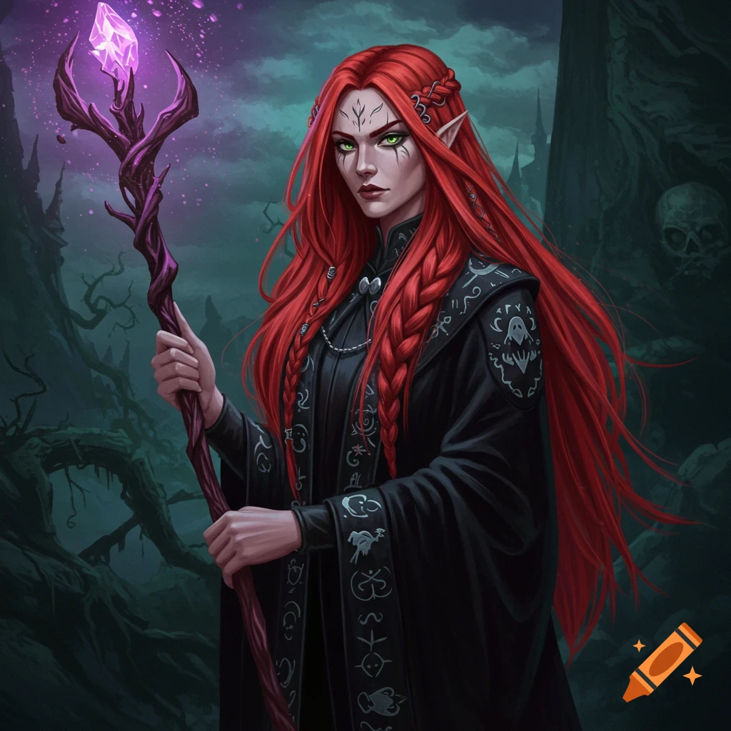 A red-haired fantasy witch holds a glowing crystal staff in a dark, magical forest.