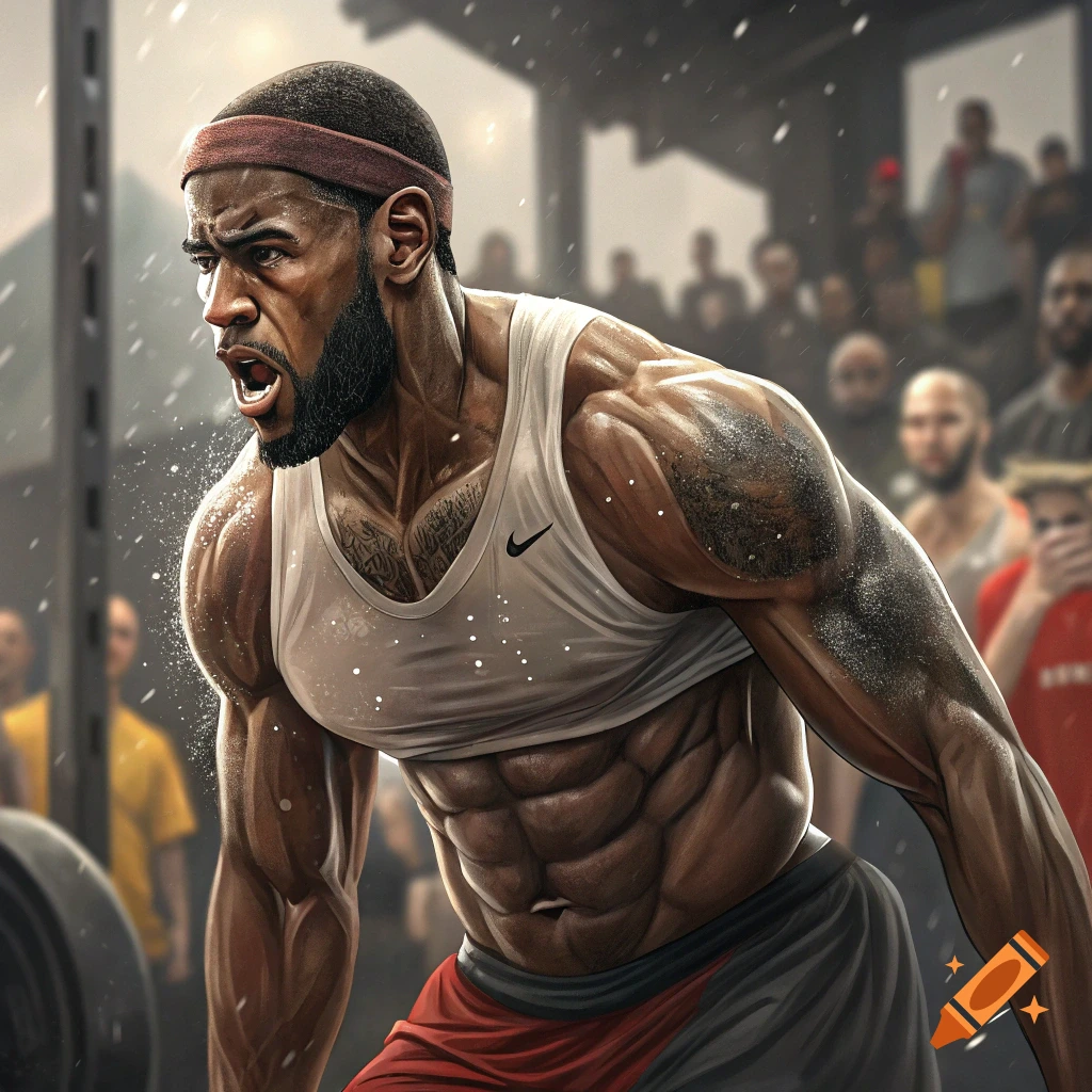 Muscular athlete straining during intense workout in a gym.