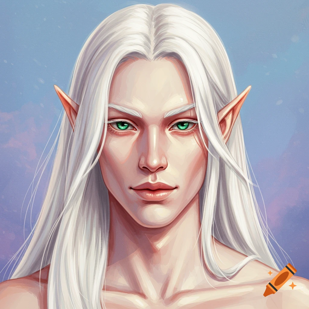 A pale fantasy man with long white hair and green eyes.