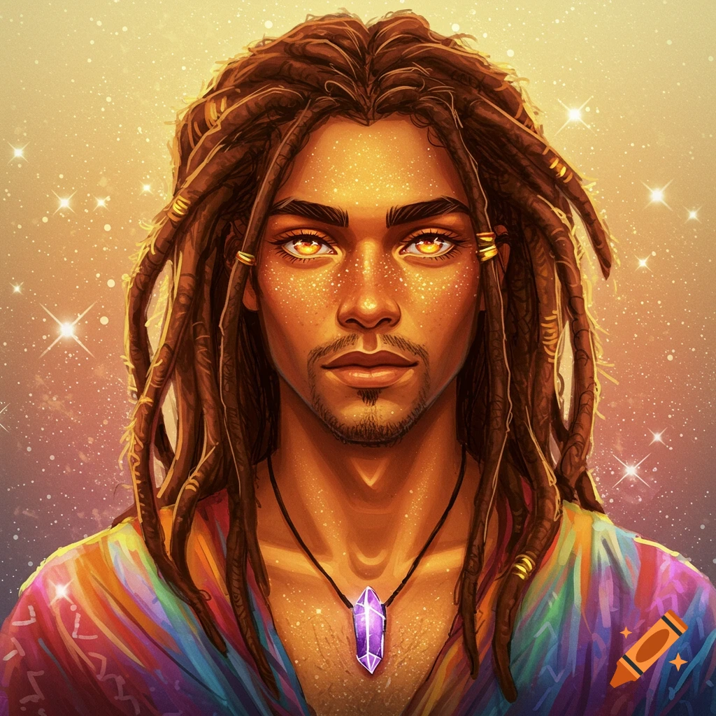 A man with dreadlocks, glowing orange eyes, and a purple crystal necklace against a starry background.