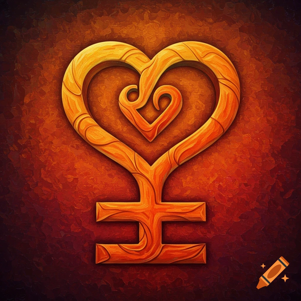 A stylized symbol combining a heart and cross shape, rendered in a textured wood style on an orange background.
