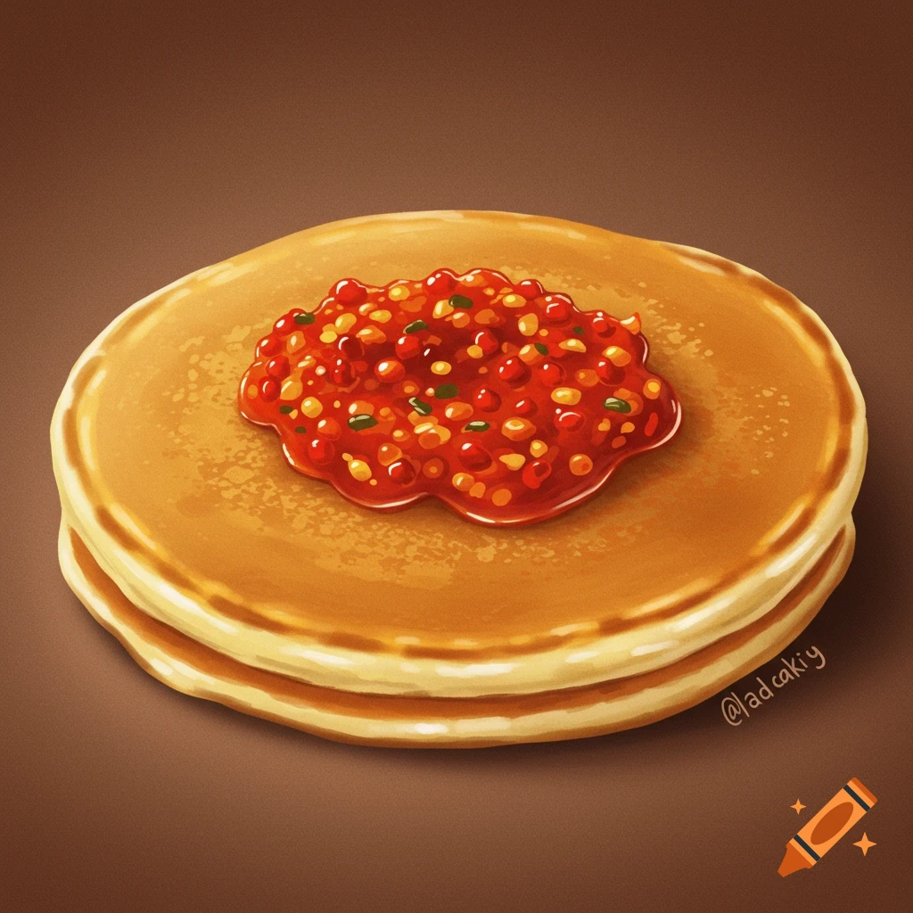 Stacked pancakes topped with red chili sauce.