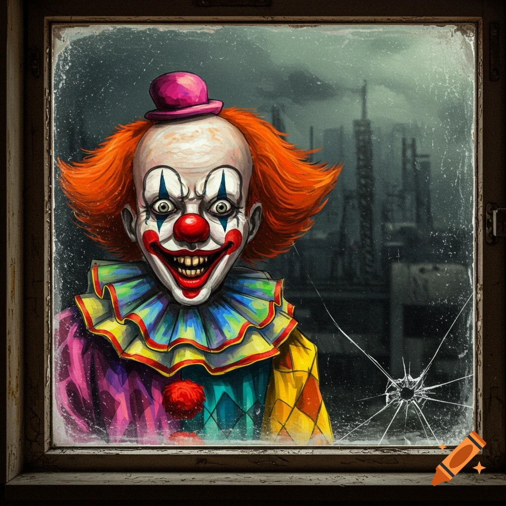 A creepy clown looking through a broken window.
