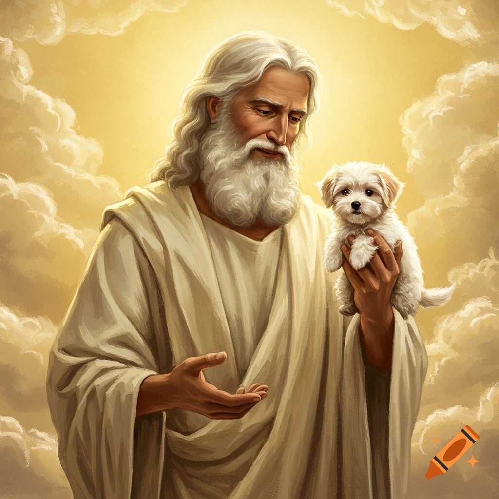 God holding a bichon frise puppy in the clouds.