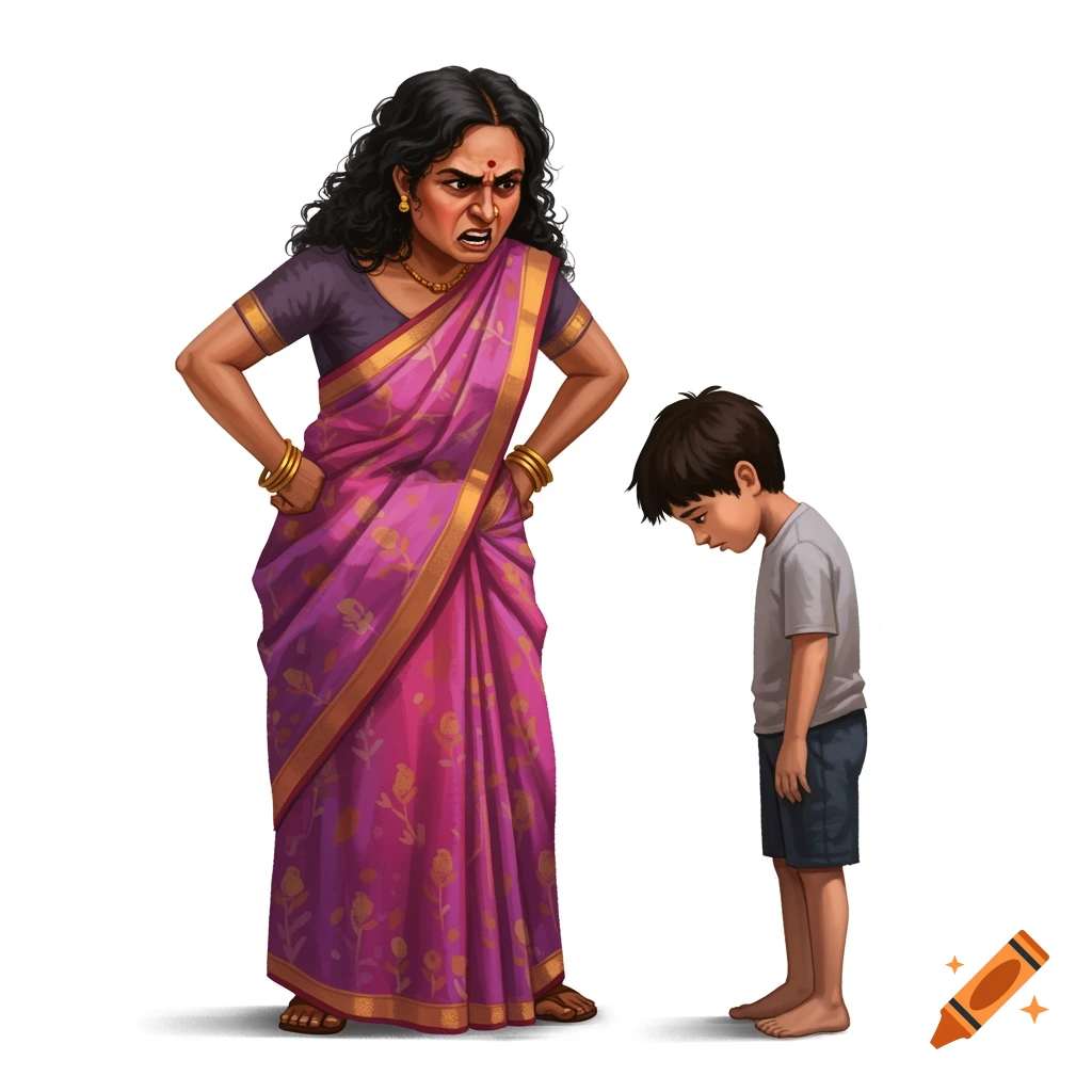 An angry Indian mother is scolding her son.