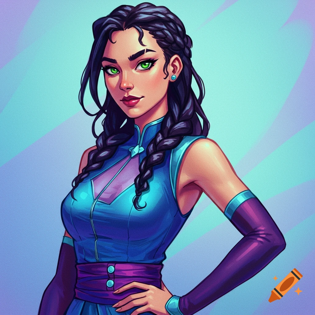Image of a woman with braided dark hair and green eyes wearing a blue and purple outfit.