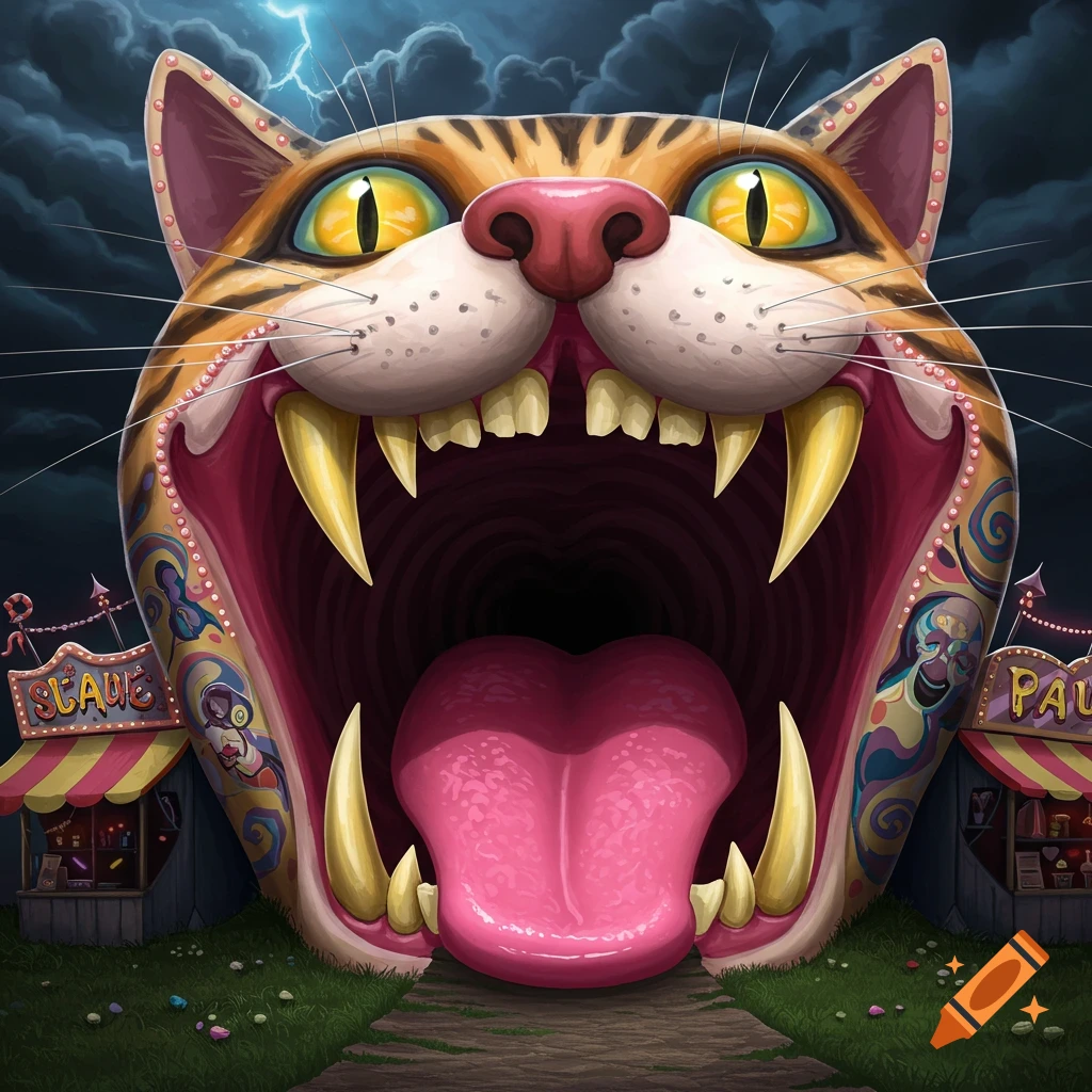 A giant creepy funhouse shaped like a cat's mouth with sharp teeth, flanked by carnival booths under a stormy sky.