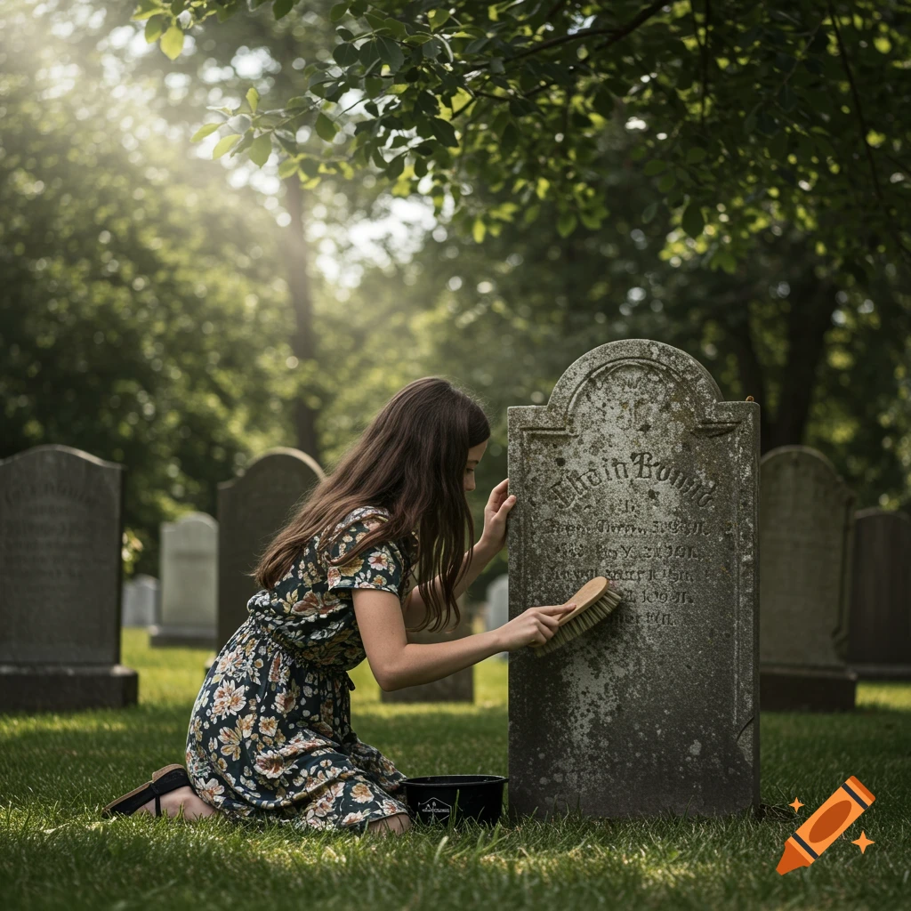 A girl kneels to clean a weathered headstone in a sunlit cemetery. Photorealistic.
