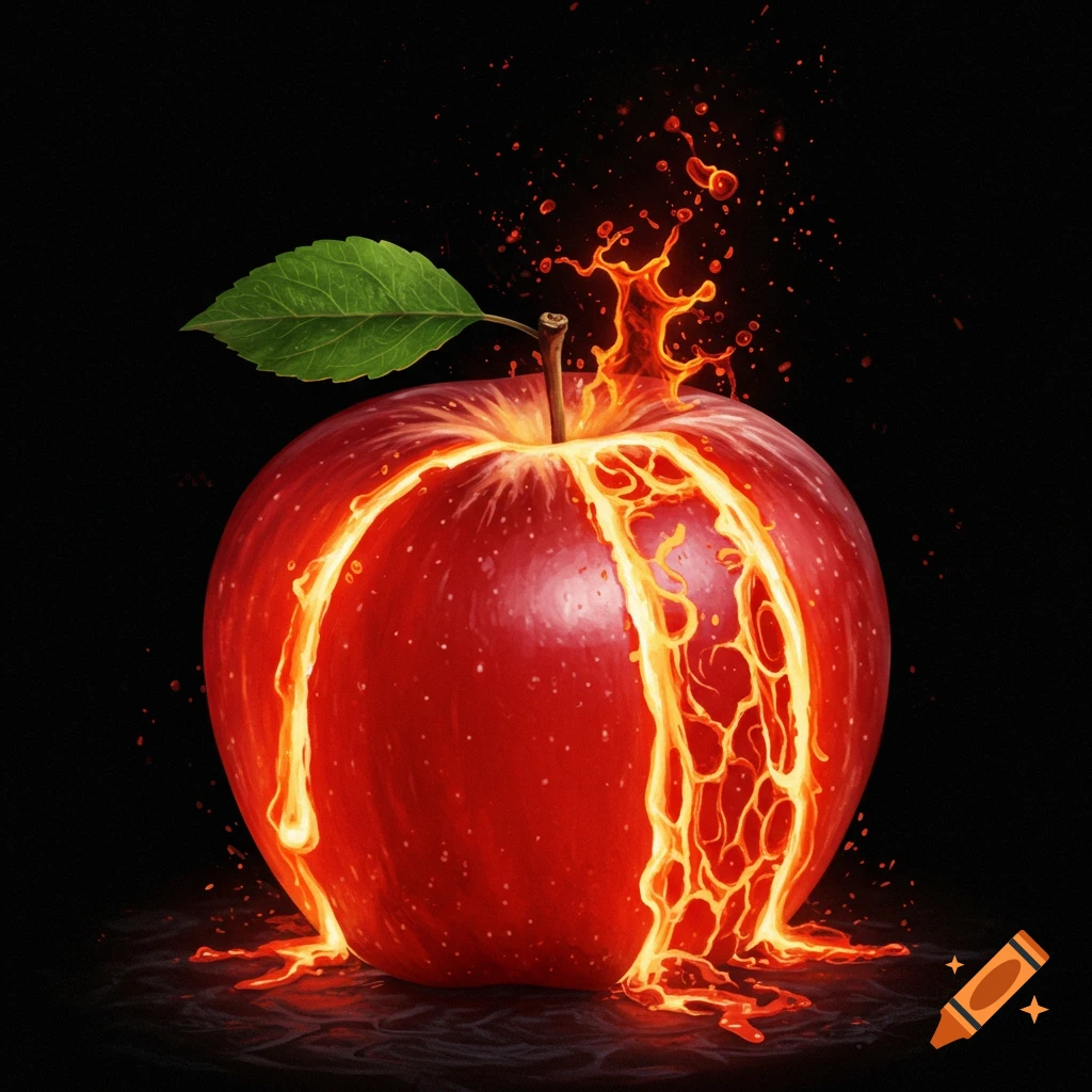 A red apple with glowing lava flowing out of it on a black background.
