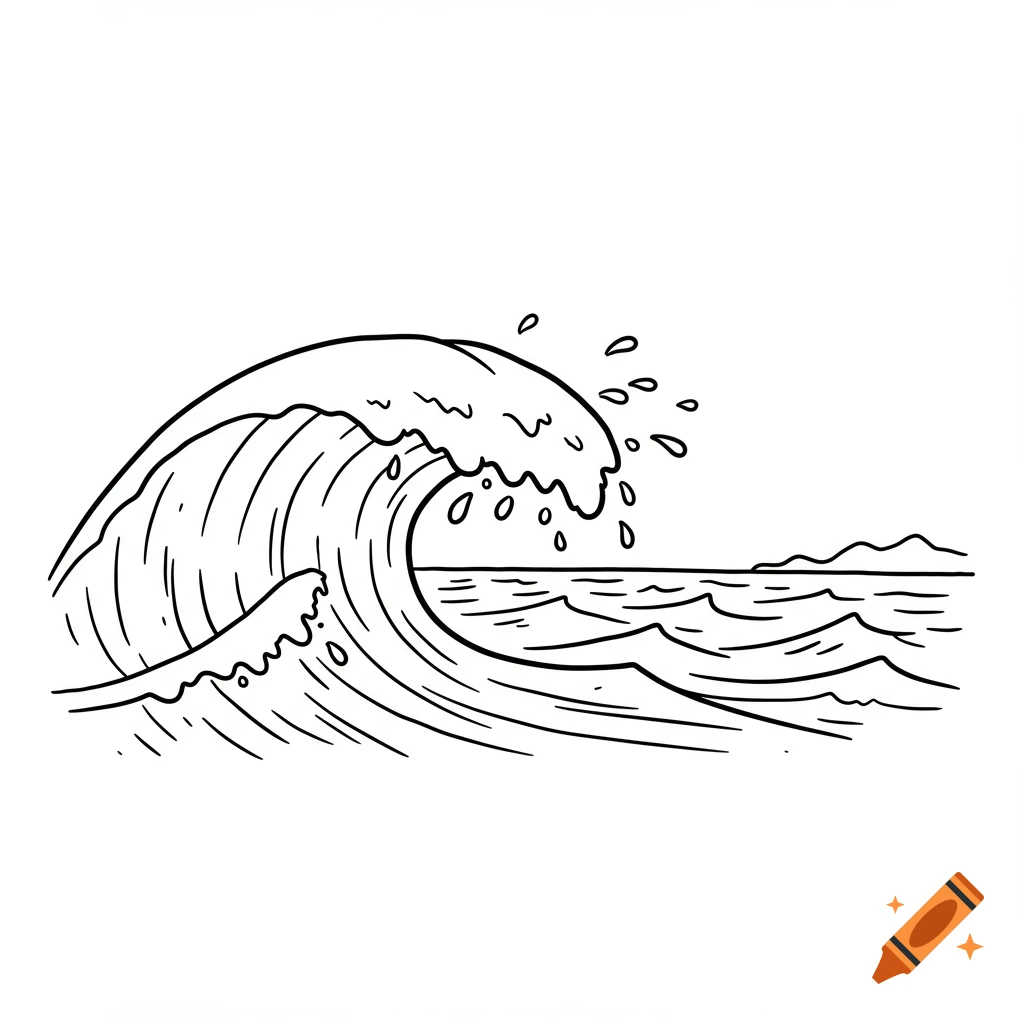 Cartoon outline drawing of a large ocean wave
