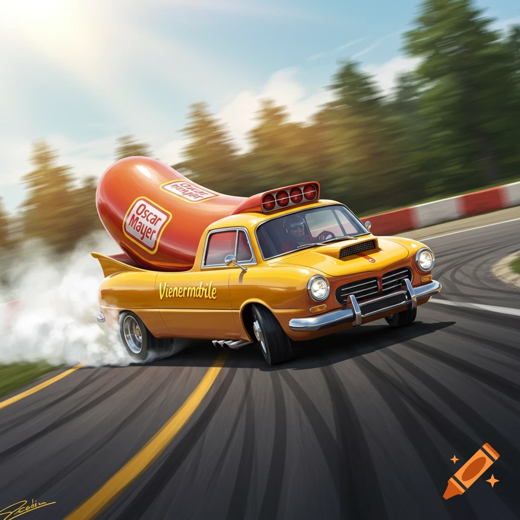 A Wienermobile drifting on a race track.
