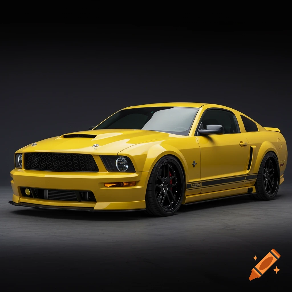 A bright yellow Ford Mustang with black stripes and a wide body is parked on a dark background.