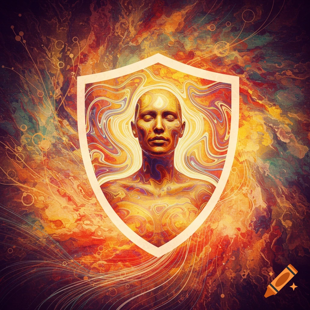 A stylized golden figure is depicted within a shield, set against a vibrant, swirling abstract background.