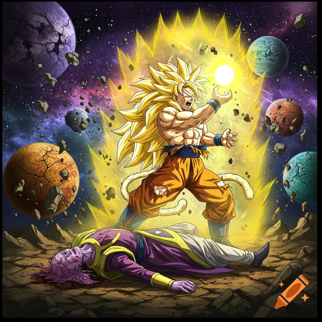 Super Saiyan 3 Goku stands over a defeated enemy in a cosmic battle.
