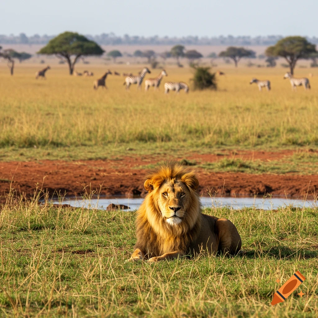 A lion lies by a watering hole in a sunny savannah with zebras and trees in the background.
