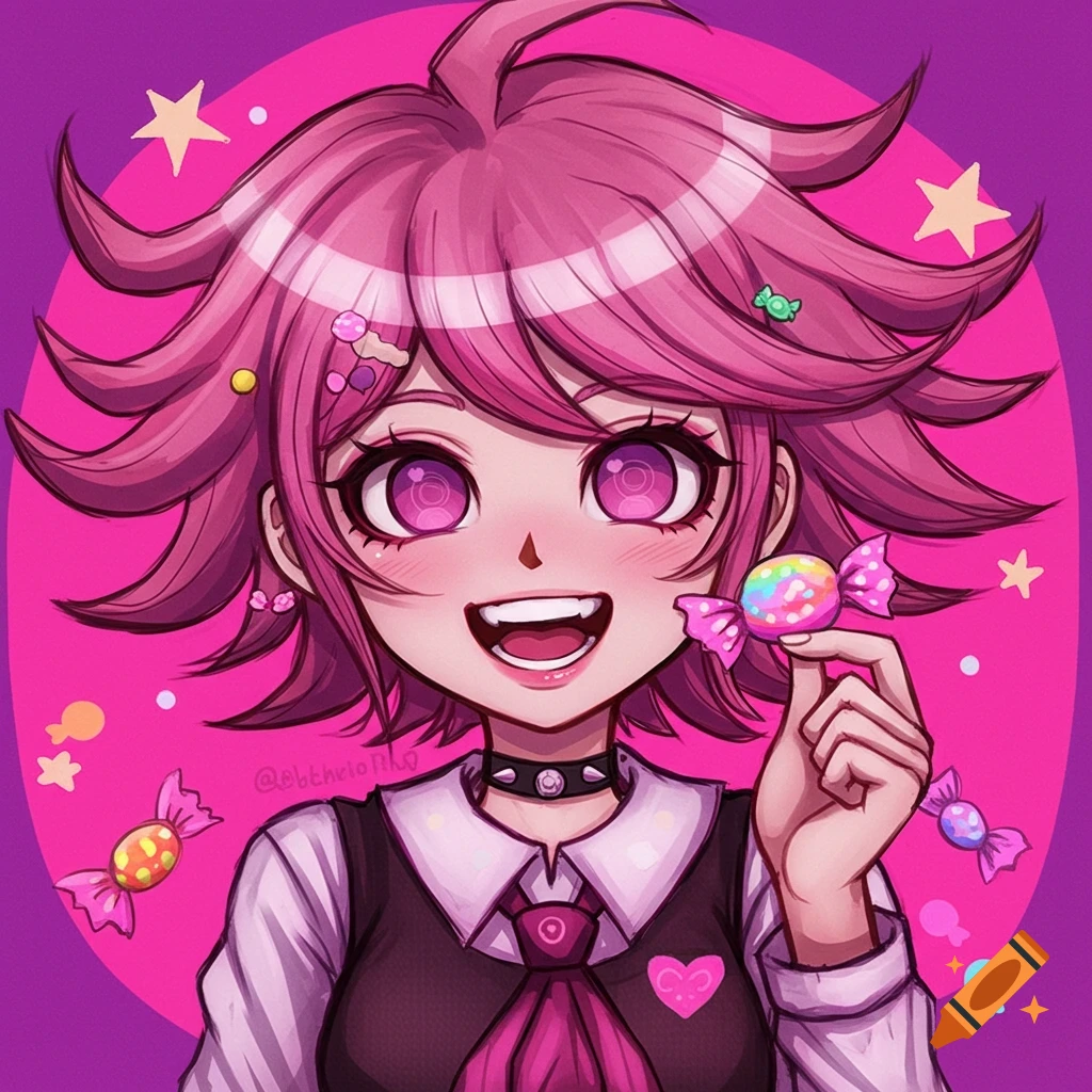 Anime girl with pink hair smiling and holding a lollipop, digital art