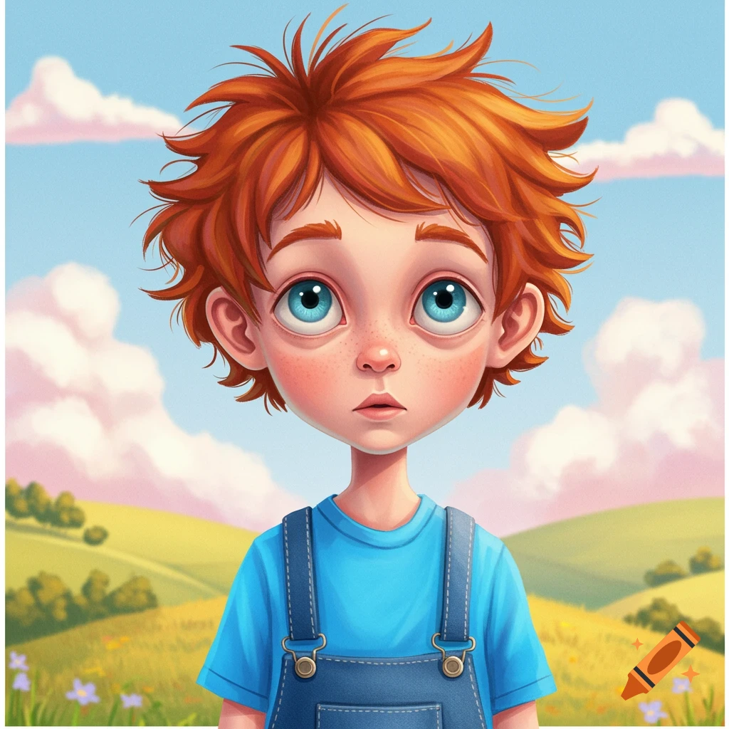 A cartoon portrait of a boy with red hair and blue eyes in overalls standing in a field.