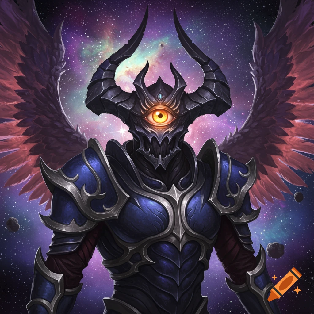 A one-eyed archon in dark armor and wings stands before a galaxy.