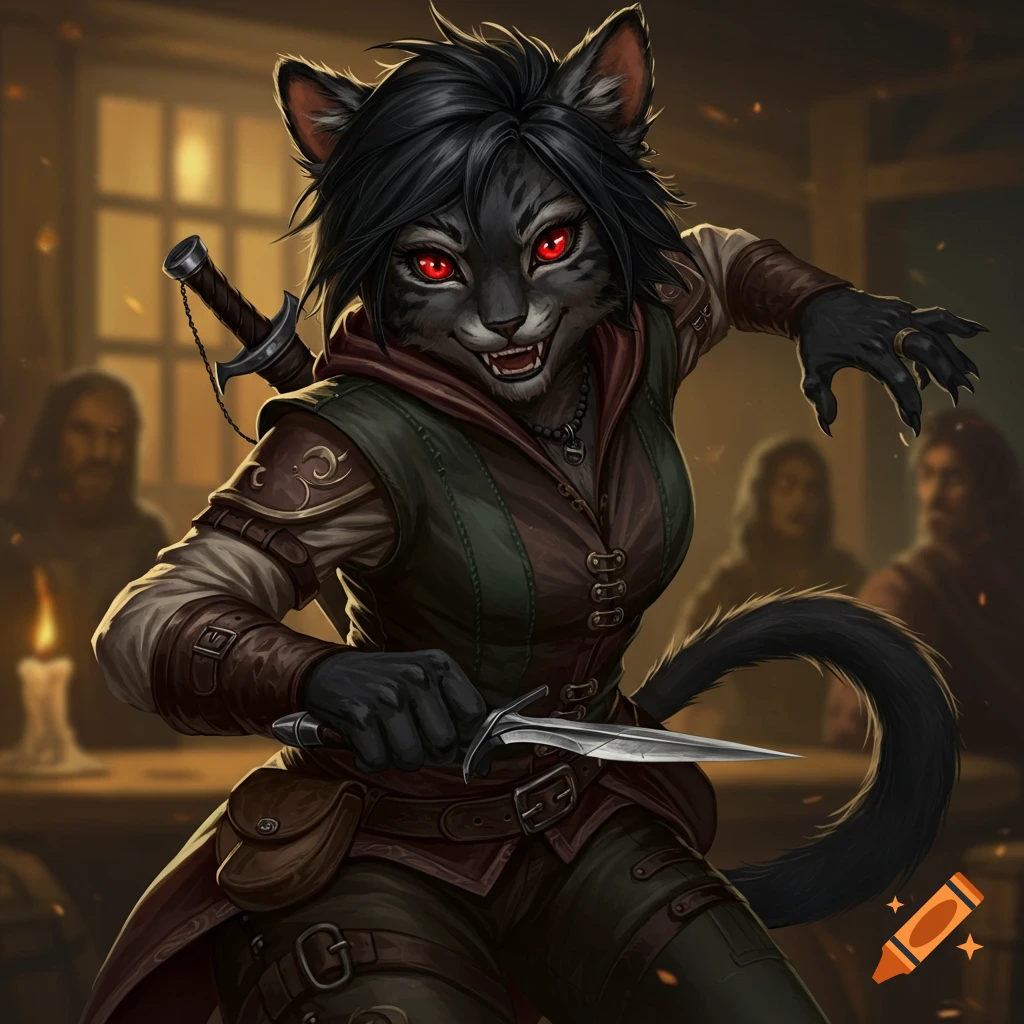A female tabaxi rogue with red eyes holds a knife in a tavern.