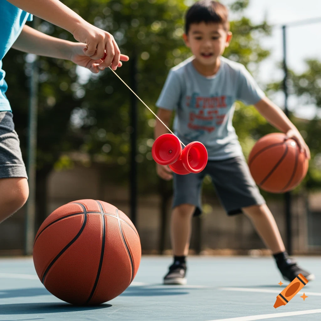 Two children play on a basketball court, one with a yoyo, the other with a basketball.