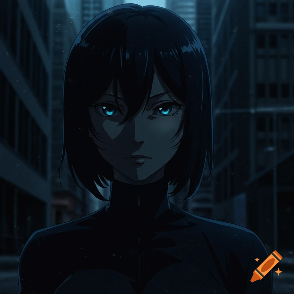Anime portrait of a woman with dark hair and glowing blue eyes in a dark city setting.