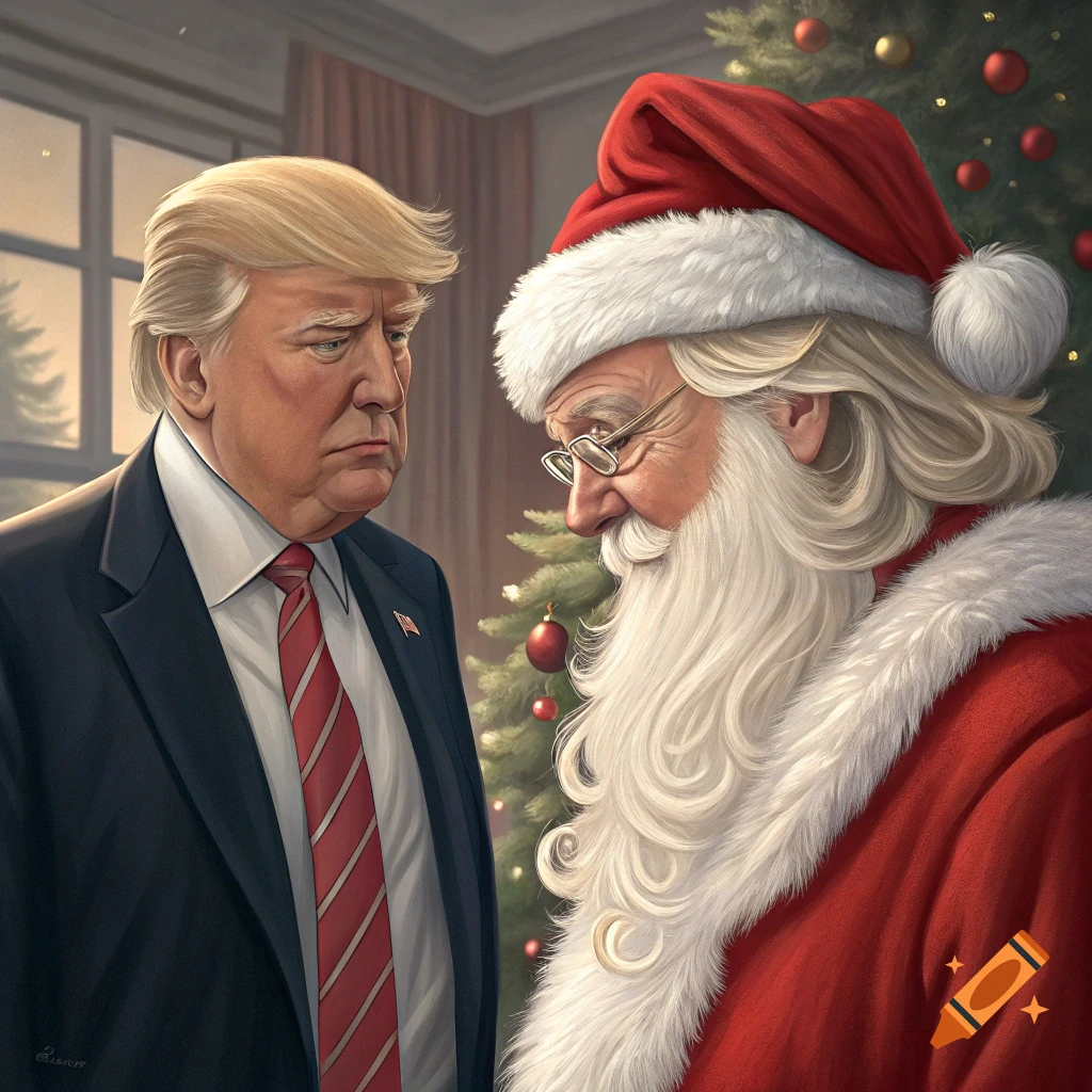 An illustration of Donald Trump looking at Santa Claus in a room with a Christmas tree.