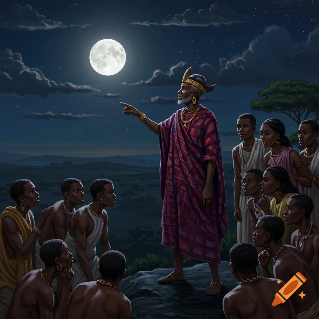 A leader pointing at the full moon at night, surrounded by followers.