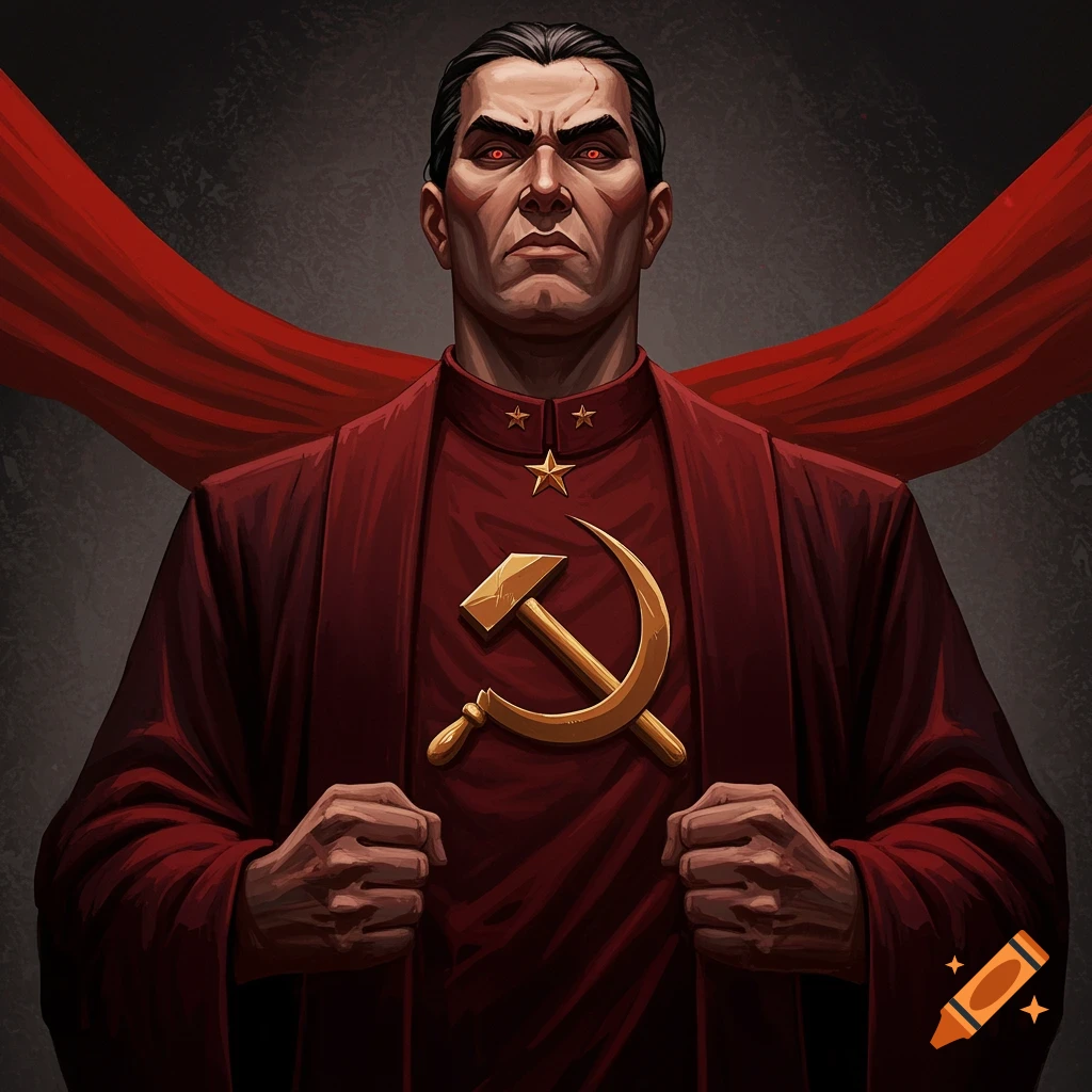 A stern figure in a red robe with a hammer and sickle emblem on the chest, with a flowing red cape behind.