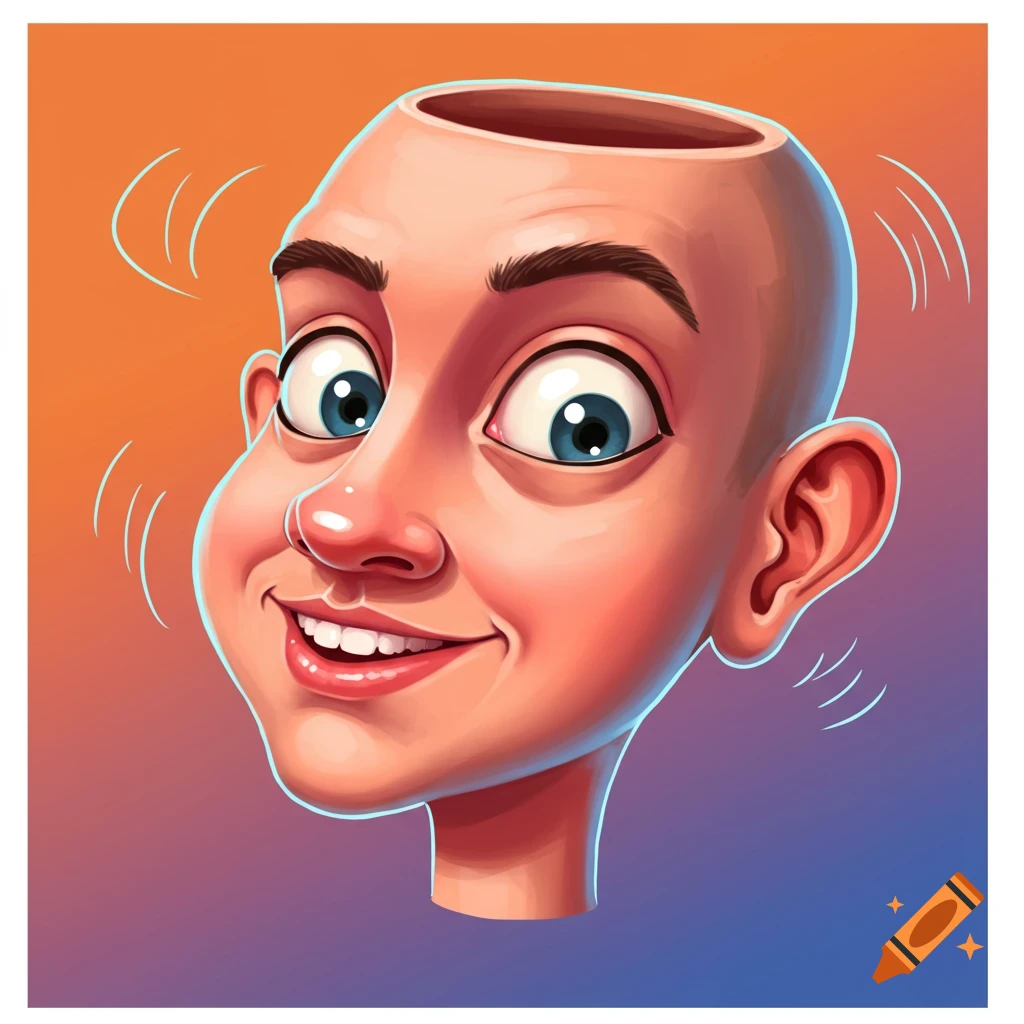 A cartoon head with a hole on top, smiling with wide eyes, against an orange and purple background.