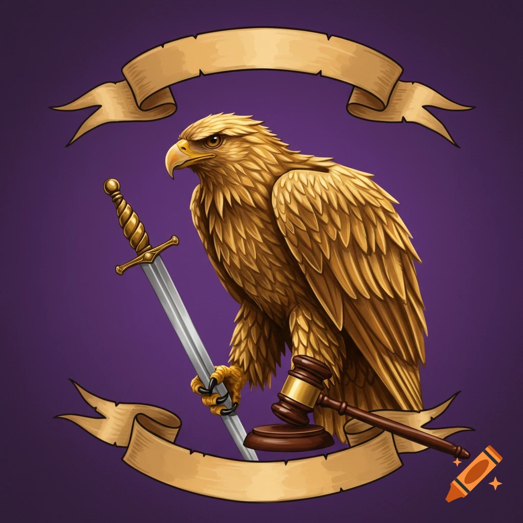 A golden eagle holding a sword and gavel, with banners and a purple background.