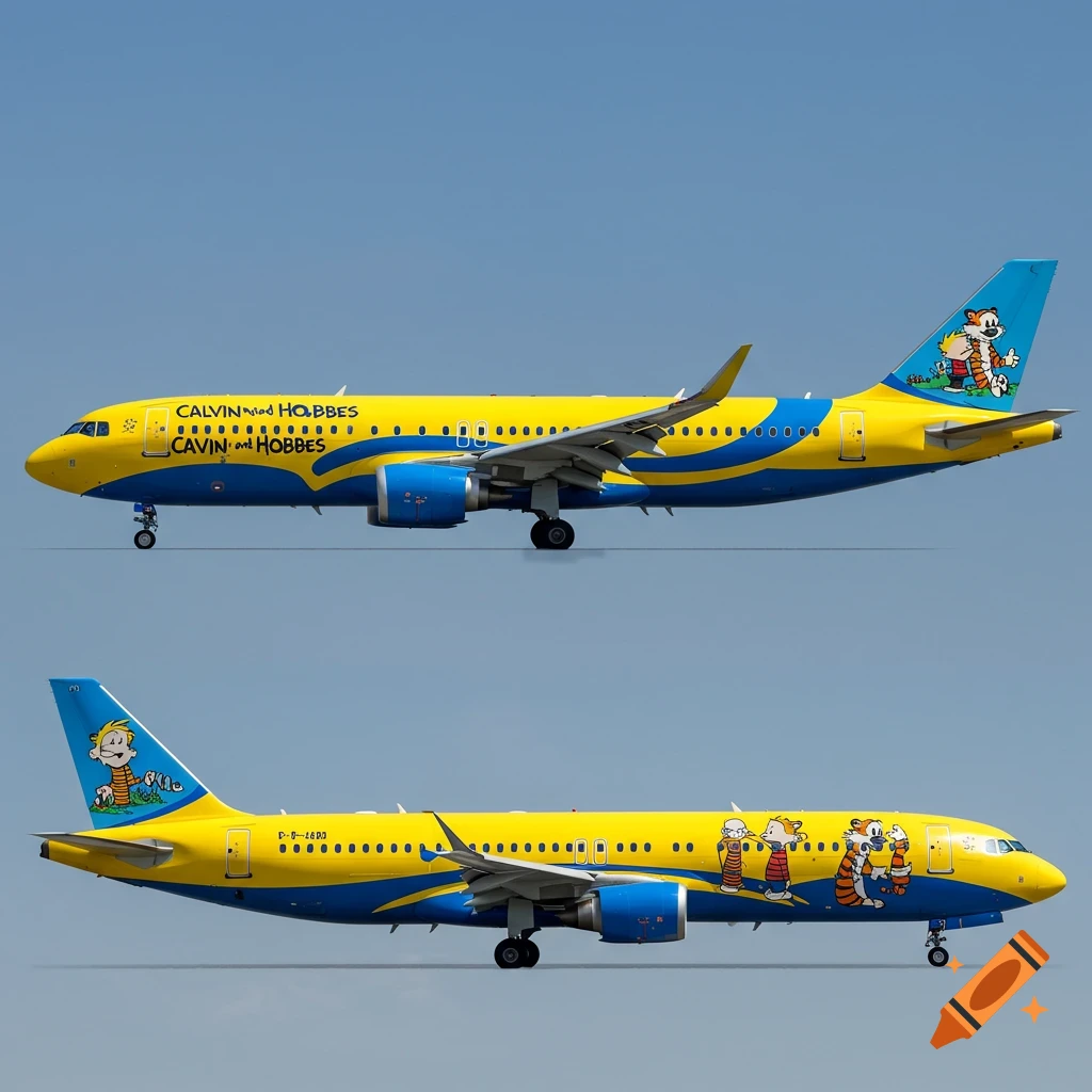 Two photorealistic images of a yellow and blue airplane painted with Calvin and Hobbes characters against a blue sky.