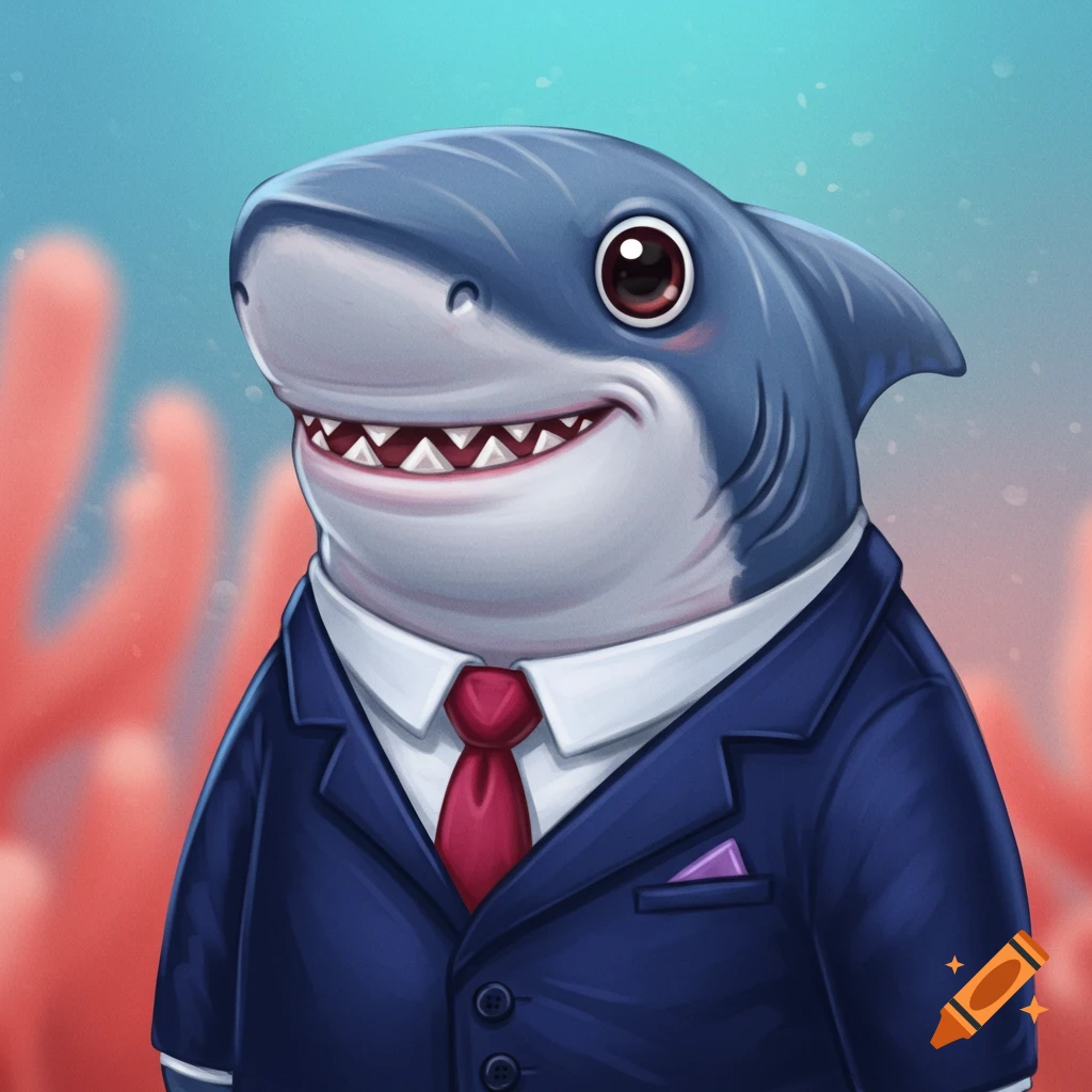 A cute cartoon shark in a suit and tie.
