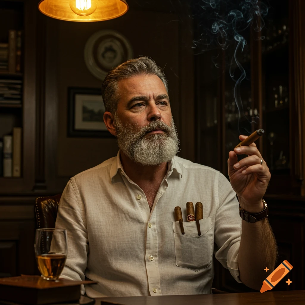 Man with grey beard smokes a cigar in a dimly lit room, with cigars in pocket and a drink.