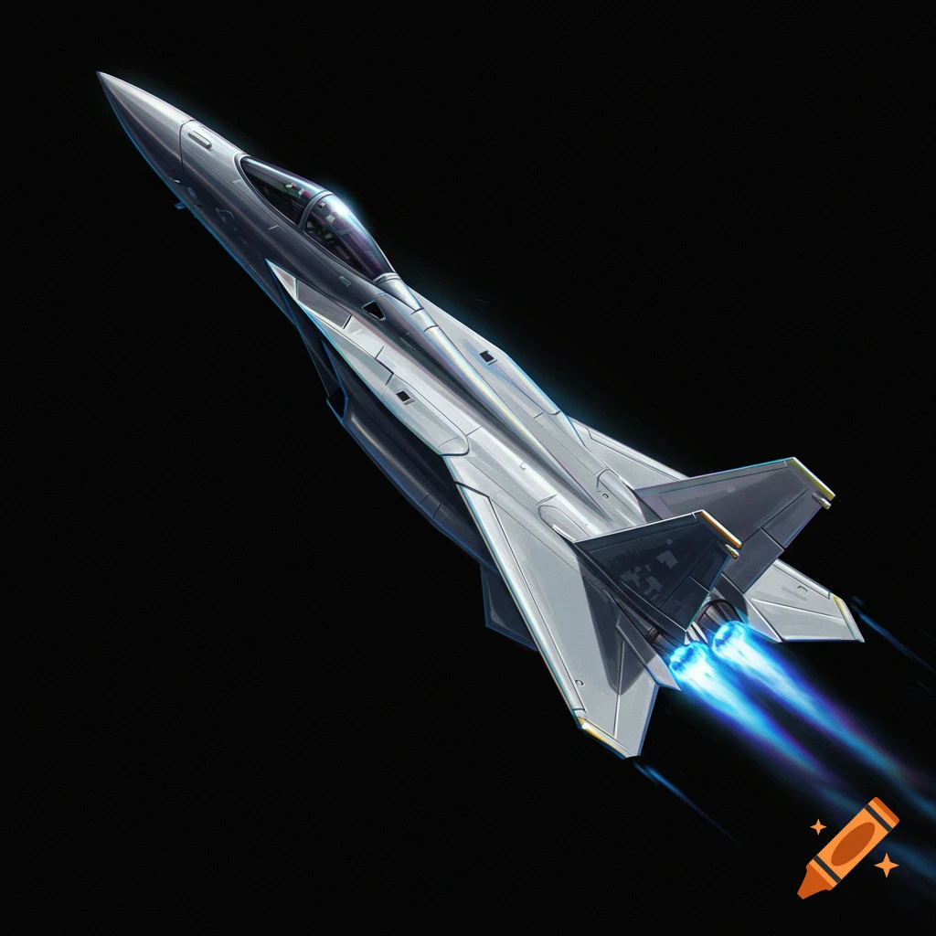 A silver fighter jet flying against a black background with blue exhaust.
