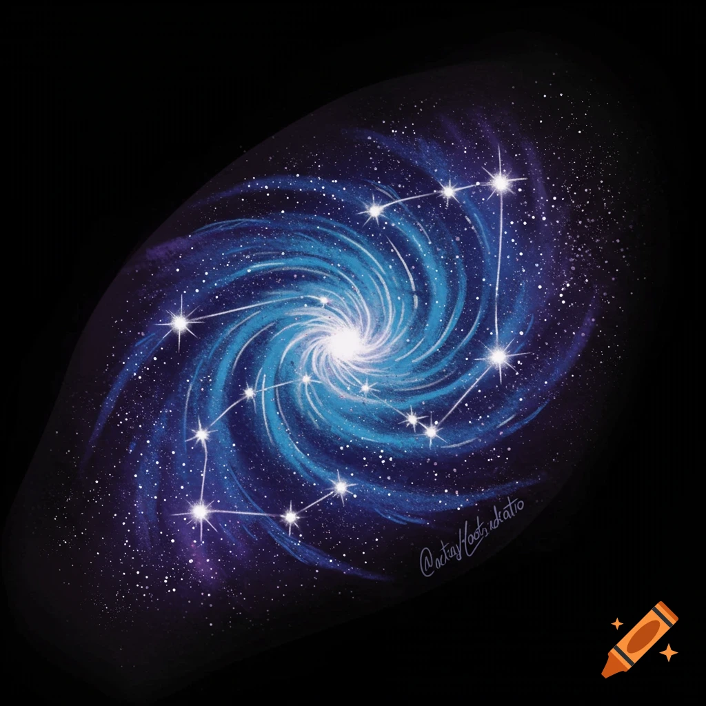 A swirling blue and purple galaxy with bright stars forming constellations on a black background.