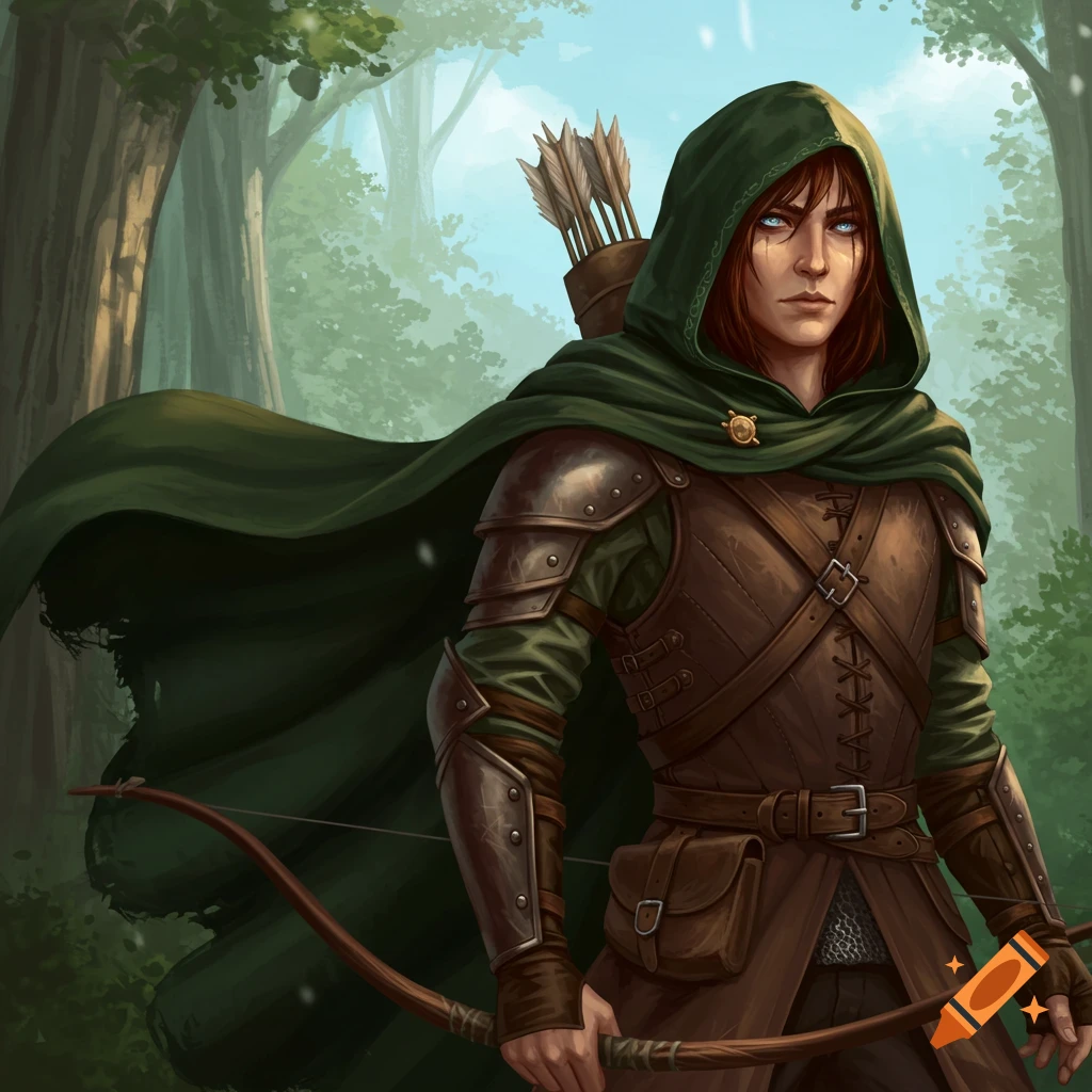 a hooded human archer in a forest.
