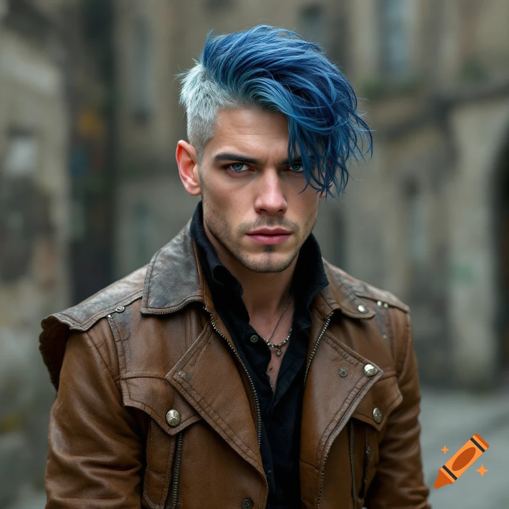 Portrait of a man with bright blue hair wearing a brown leather jacket.