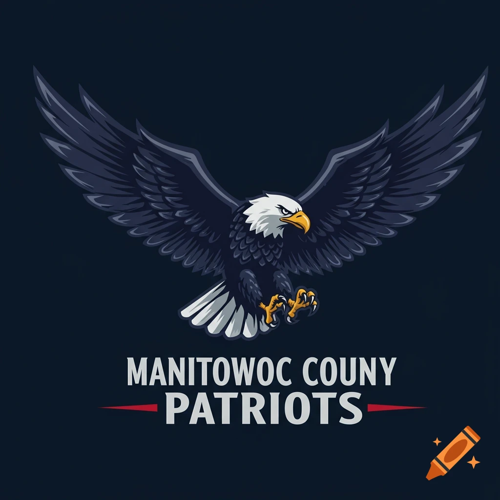 Logo featuring a detailed eagle with spread wings, above the text 'MANITOWOC COU NY PATRIOTS' on a dark background.