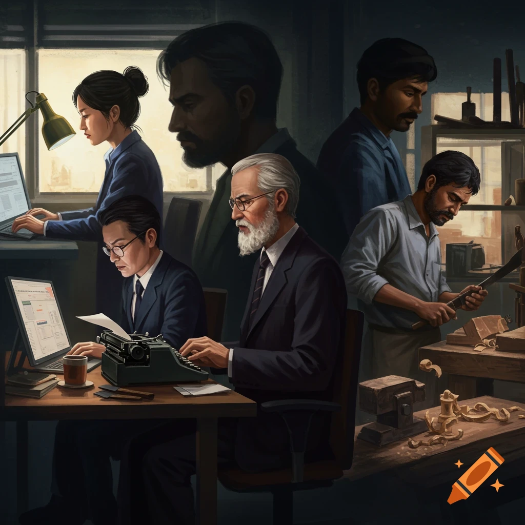 Showing people working, including office workers at computers and a typewriter, and a woodworker.