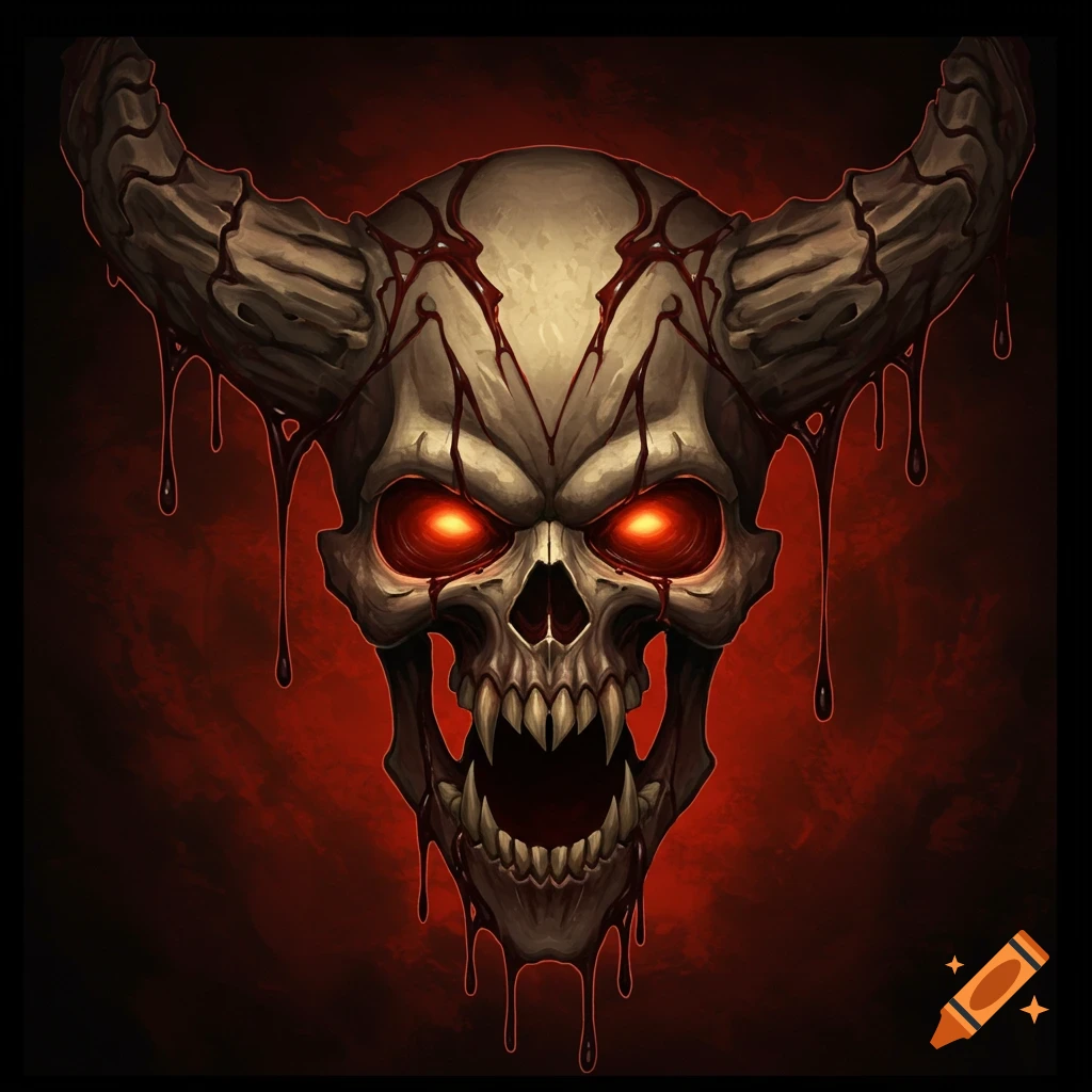 A dark, stylized skull with large horns, sharp teeth, glowing red eyes, and dripping blood on a red background.