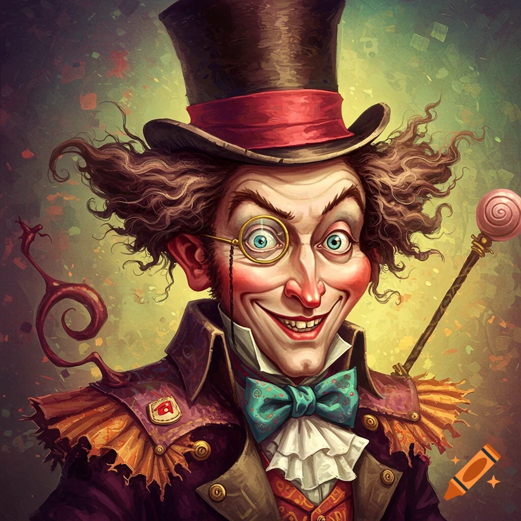 A grotesque dandy character with a top hat, monocle, and wide grin.