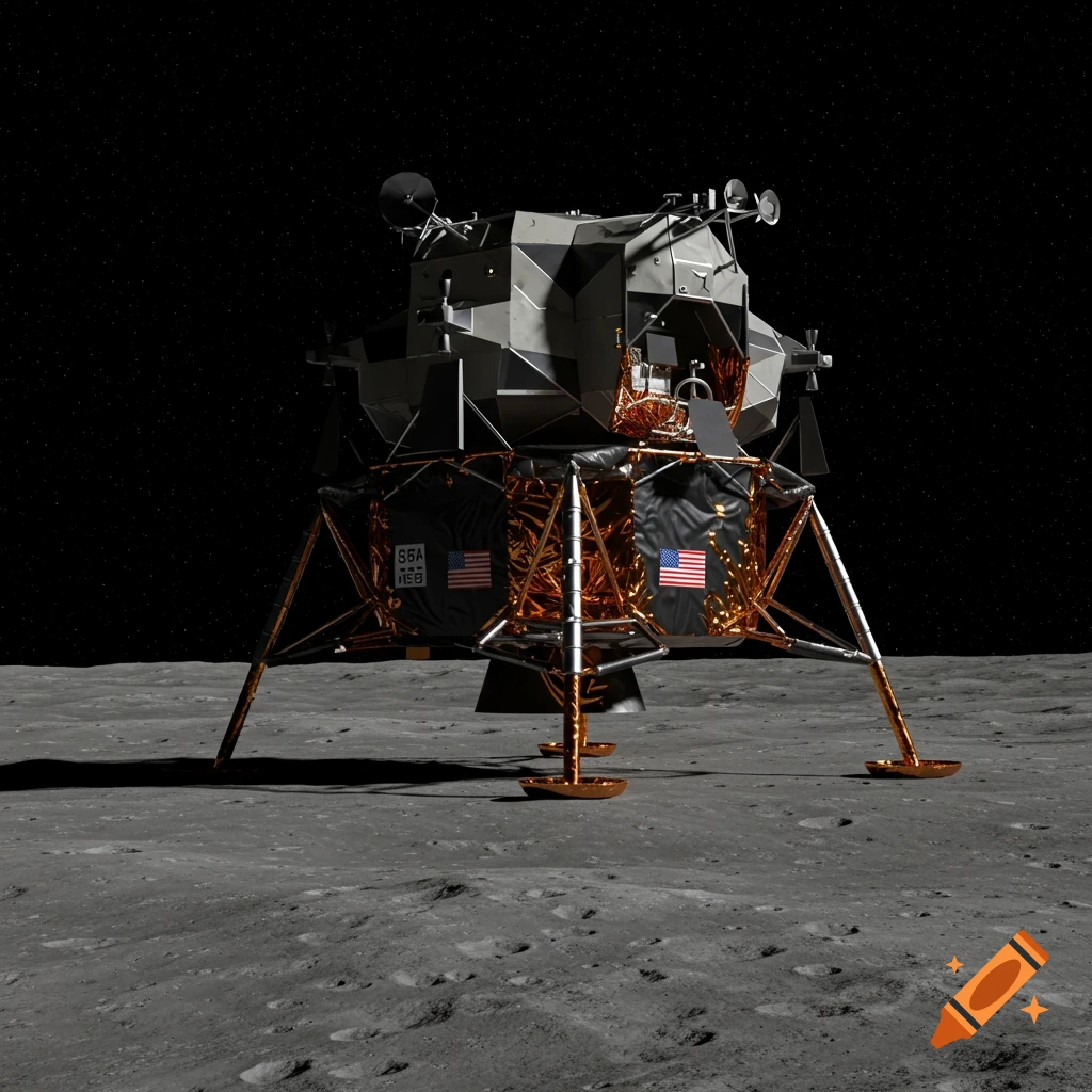 Lunar module on the moon surface with a dark sky.